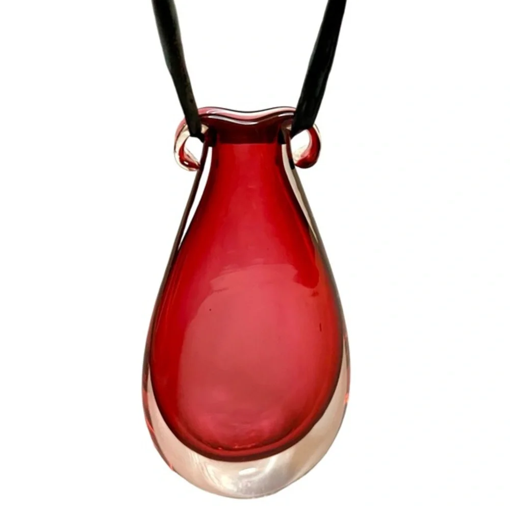 Janet Zug Ruby Red Amphora 4” Handblown signed 90’s Hanging Glass Vase